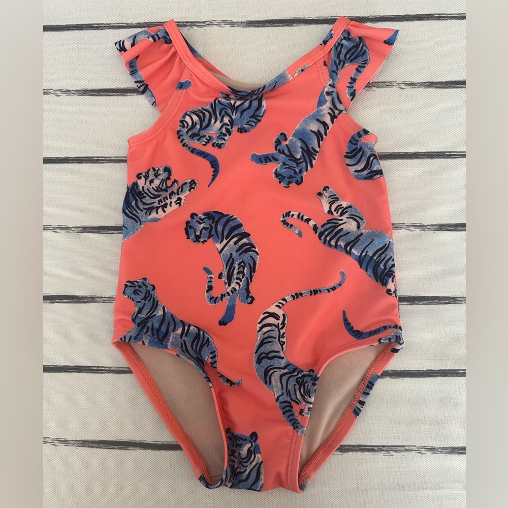 Tea Collection Coral Tiger Print Kids Swim One Piece, 12-18m